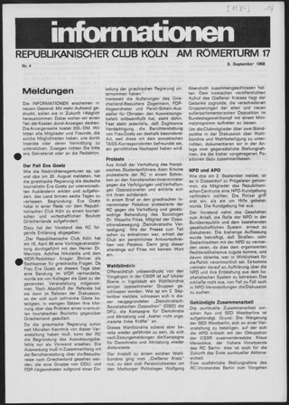 informationen des Republikanischen Club Köln Nr. 4 vom 09.09.1968: Arbeitskreis Frau und Gesellschaft