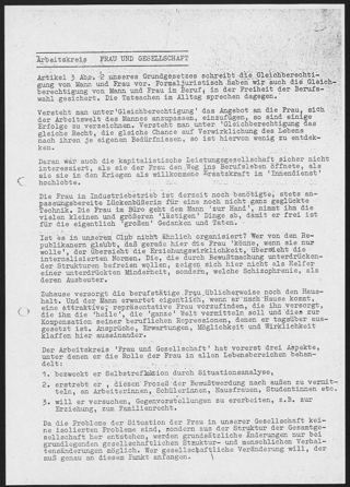 Die erste Frauengruppe Kölns enstand im Kontext des Republikanischen Clubs, hier eine erste Selbstdarstellung des Arbeitskreises Frau und Gesellschaft nebst Einladung zu einem Vortrag (Sommer 1968)