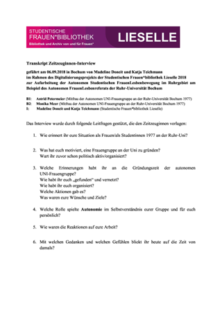 Interview: Autonome Uni-Frauengruppe an der Ruhr-Universität Bochum 1977