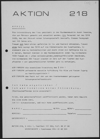 Appell: Die Aktion 218 Köln trug im Frühsommer 1971 dazu bei, Unterschriften von Hunderten mutiger Frauen zusammenzutragen, die eine Abtreibung zugaben