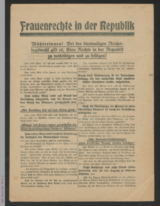 Wahlaufruf der Sozialdemokratischen Partei Deutschlands zur Reichstagswahl 1920: Frauenrechte in der Republik
