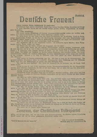 Wahlaufruf des Katholischen Frauenbundes Deutschland zur Reichstagswahl am 19. Januar 1919 für das Zentrum: Deutsche Frauen!