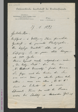 Brief von Bertha von Suttner an unbekannt, hs.