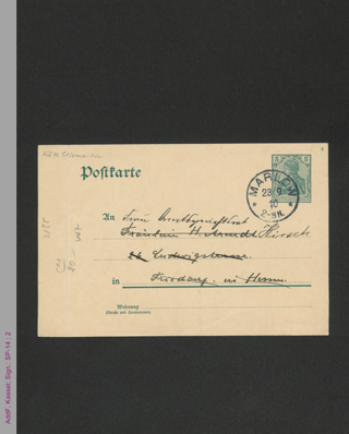 Postkarte von Käthe Schirmacher an Frau Amtsgerichtsrat Hirsch, hs.