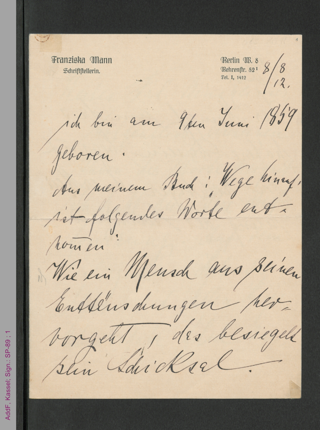 Brief von Franziska Mann an Alice Bensheimer, hs.