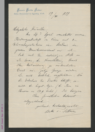 Brief von Bertha von Suttner an einen unbekannten Künstler, hs.