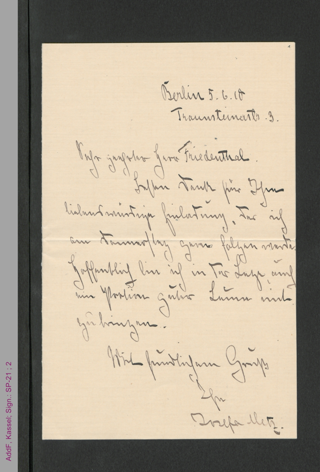 Brief von Josefa Metz an Albert Friedenthal, hs.
