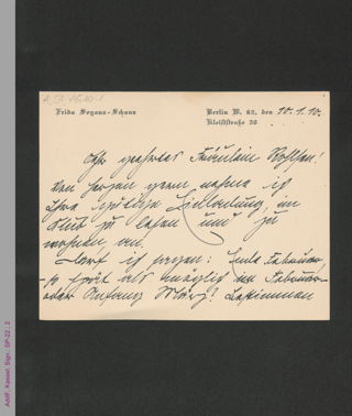 Briefkarte von Frida Soyaux-Schanz an Bertha Rohlsen, hs.