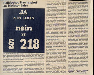 Offener Brief der Vorbereitungsgruppe "Politisches Nachtgebet" an Bundesminister Jahn gegen den § 218 im Oktober 1971