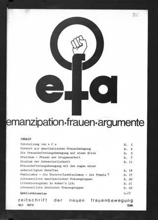 Cover der ersten Ausgabe feministischen Zeitschrift efa (Heft 1, 1973)