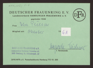 Mitgliedskarte des Hamburger Frauenring e.V. Frau Elsa Pultar