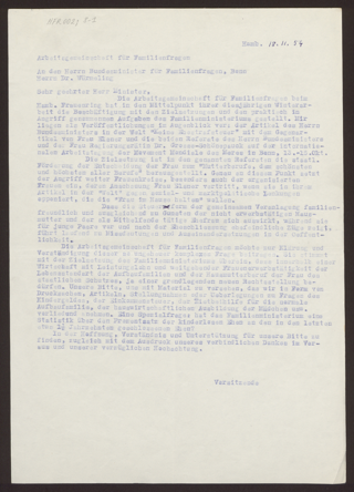 Brief von Frau Hansen-Blancke an Dr. Würmeling vom 18.11.1954