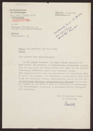 Antwortschreiben an Frau Hansen-Blancke vom 13.12.1954
