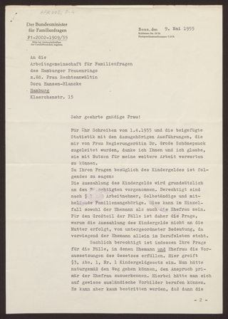 Antwortschreiben von Frau Dr. Petersen an Frau Hansen-Blancke vom 9.5.1955