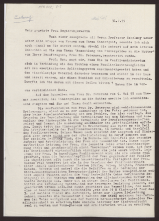 Entwurf eines Briefes von Dora Hansen-Blancke an die Regierungsrätin Helene Große-Schönepauck vom 31.7.1955
