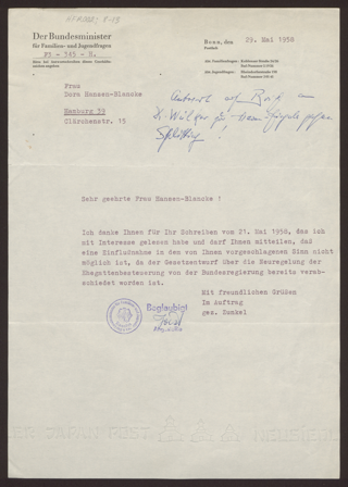 Antwortschreiben von Zunkel an Dora Hansen-Blancke vom 29.5.1958