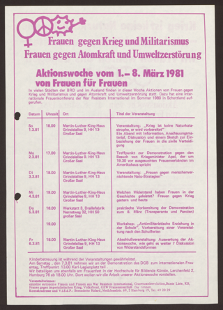 Aktionswoche vom 1.-8. März 1981 von Frauen für Frauen : Frauen gegen Krieg und Militarismus; Frauen gegen Atomkraft und Umweltzerstörung