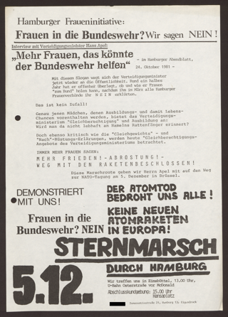Frauen in die Bundeswehr? Nein : der Atomtod bedroht uns alle!; Aufruf zur Demonstration am 5.12.1981