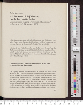 Ich bin eine nichtjüdische, deutsche, weiße Lesbe : Gedanken zur Tagung "Frauen und Rassismus" in Bremen, 1. - 5. November 1989