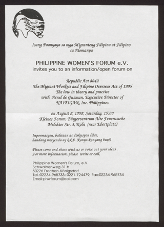 Philippine Women's Forum e. V. invites you to an information/ open forum