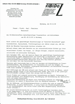 Frauen - Flucht - Asyl - Rassismus : Resolution des 18. Arbeitstreffens deutschsprachiger Frauenarchive- und bibliotheken vom 20.-22.11.92 in Nürnberg