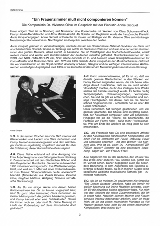 "Ein Frauenzimmer muß nicht componieren können..." : Die Komponistin Vivienne Olive im Gespräch mit der Pianistin Annie Gicquel