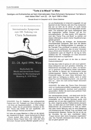 "Torte à la Wieck" in Wien : Geistiges und Kulinarisches auf dem Internationalen Clara Schumann Symposium "Ich fahre in mein liebes Wien" , Wien 22.-24.04.1996