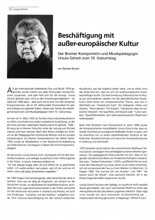 Beschäftigung mit außer-europäischer Kultur : Der Bremer Komponistin und Musikpädagogin Ursula Görsch zum 70. Geburtstag