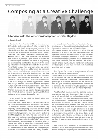 Composing as a Creative Challenge. : Interview with the American Composer Jennifer Higdon