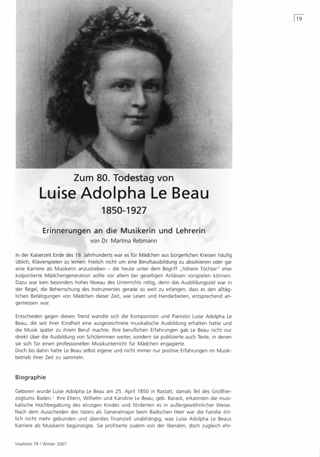 Zum 80. Todestag Luise Adolpha Le Beau : Erinnerungen an die Musikerin und Lehrerin