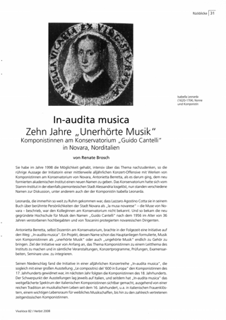 In-audita musica. Zehn Jahre "Unerhörte Musik" : Komponistinnen am Konservatorium "Guido Cantelli" in Novara, Norditalien