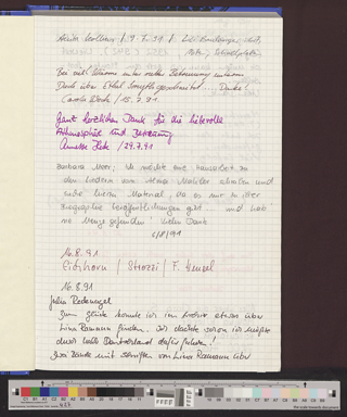 Gästebuch des Archivs Frau und Musik, blau : Zeitraum: 09.07.1991- 03.01.1996