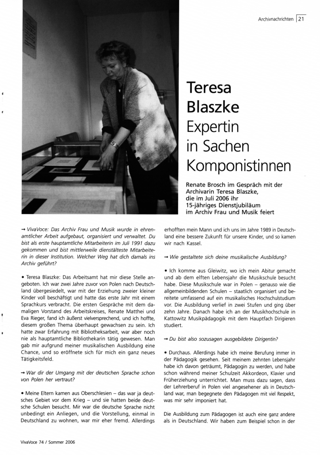 Teresa Blaszke, Expertin in Sachen Komponistinnen : Renate Brosch im Gespräch mit der Archivarin Teresa Blaszke, die im Juli 2006 ihr 15-jähriges Dienstjubiläum im Archiv Frau und Musik feiert