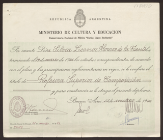 Wichtige Zeugnisse / Wichtige Dokumente : Diplom des Konservatoriums Carlos López Buchardo