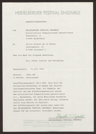 Wichtige Zeugnisse / Wichtige Dokumente : Kompositionsauftrag des Heidelberger Festival Ensembles