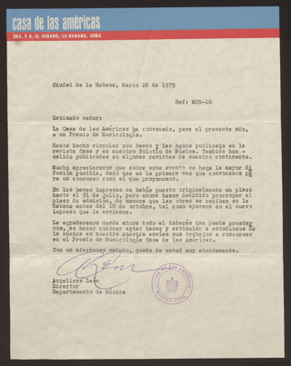 Brief: Casa de las Américas an Leni Alexander, 26. März 1979