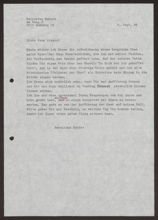 Brief: Felicitas Kukuck Eva Rieger, 05.09.1986