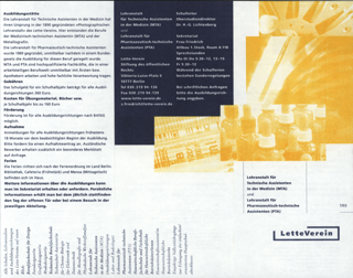 Flyer der Lehranstalt für Technische Assistent/innen in der Medizin (MTA) und Lehranstalt für Pharmazeutisch-technische Assistent/innen (PTA) im Lette-Verein