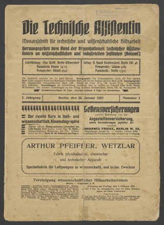 Die Technische Assistentin. Monatsschrift für technische und medizinische Hilfsarbeit. Jahrgang 1 (1921) 1-6, 9