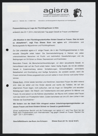 Pressemitteilung zur Lage der Flüchtlingsfrauen in Köln