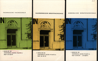 Titelseiten der Faltprospekte zu: Technischen Fachschule, Kaufmännischen Berufsfachschule und Gewerblichen Berufsfachschule im Lette-Verein