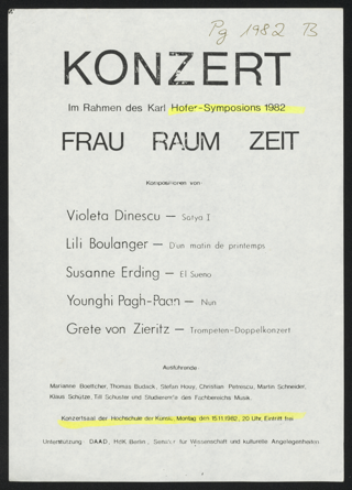 Konzert im Rahmen des Karl Hofer-Symposions 1982 : FRAU RAUM ZEIT