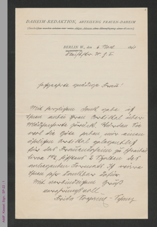 Brief von Frida Soyaux-Schanz, vermutl. an Anna Plothow, hs.