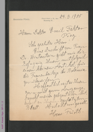 Brief von Henriette Fürth an Emil Faktor, hs.