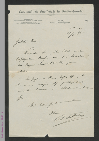 Brief von Bertha von Suttner an unbekannt, hs.