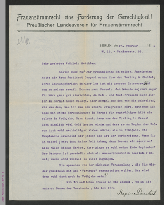 Brief von Regine Deutsch an Fräulein Matthies, ms mit Unterschrift