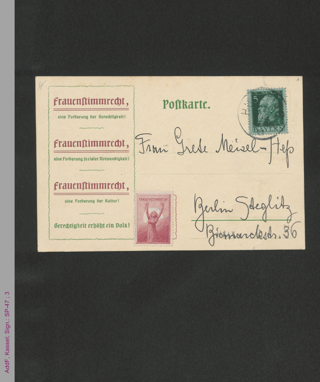 Postkarte von Anita Augspurg an Grete Meisel-Hess, hs.