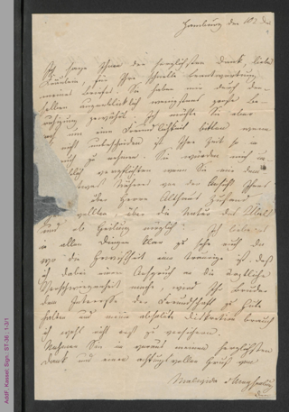 Brief von Malwida von Meysenbug an Pauline Hassenstein, hs.