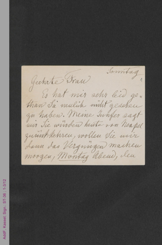 Briefkarte von Malwida von Meysenbug an Amalie Wertheim, hs.