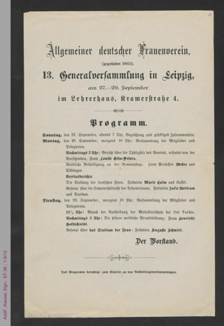 Programmzettel zur 13. Generalversammlung des Allgemeinen Deutschen Frauenvereins
